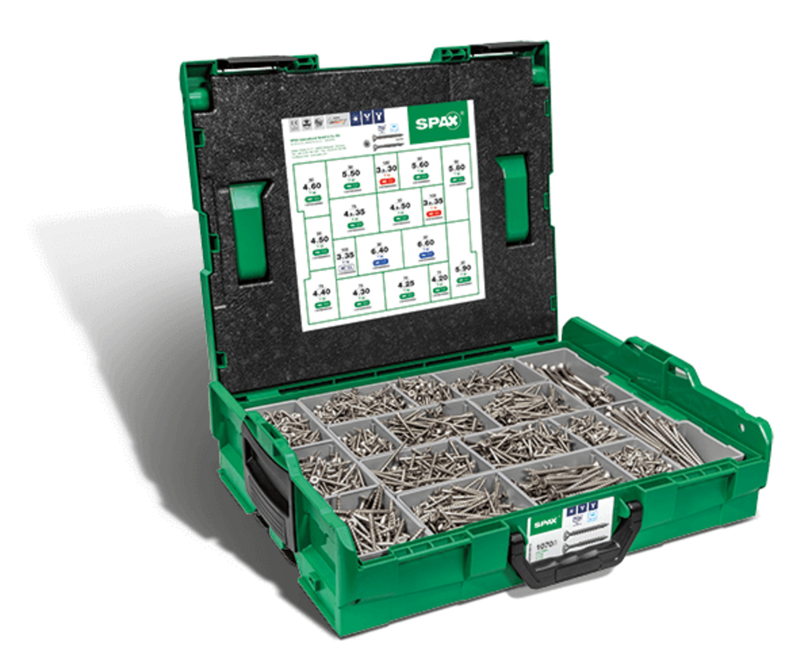 SPAX Montagekoffer L-BOXX, Schraubenset mit 17 Abmessungen, Senkkopf, T-STAR plus, 4CUT, Edelstahl A2
